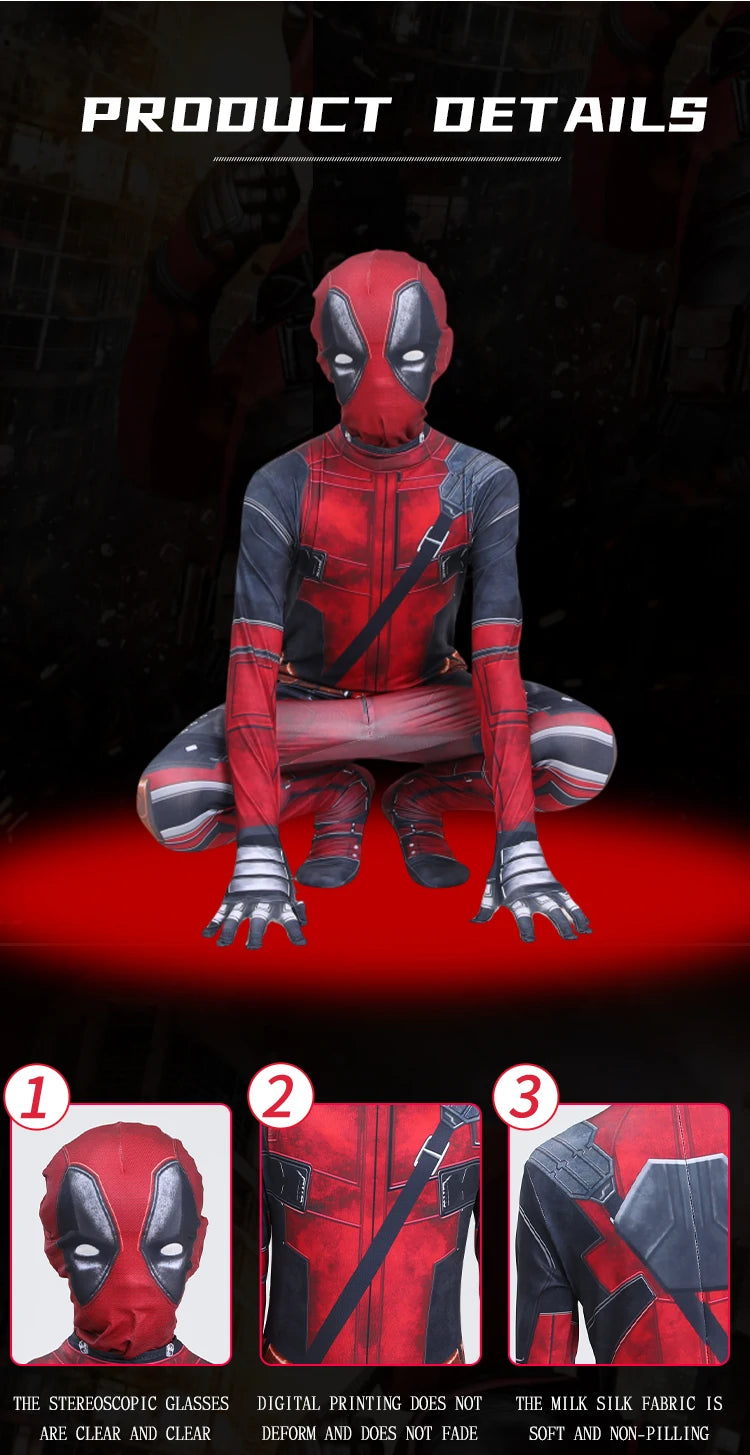 Deadpool Cosplay Costume for Kids – Superhero Roleplay Outfit with Headgear & Gloves, Halloween Party Suit