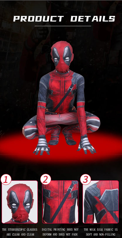 Deadpool Cosplay Costume for Kids – Superhero Roleplay Outfit with Headgear & Gloves, Halloween Party Suit