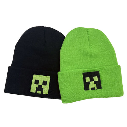 Unisex Black Knit Beanie Hat – Embroidered Green Face Design, Warm Winter Cap for Men & Women