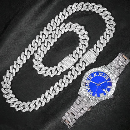 3pcs Men’s Cuban Chain Watch & Jewelry Set – Hip Hop Miami Curb Iced Out Rhinestone Necklace, Suit Watch & Bracelet