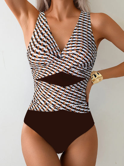 Patchwork Tummy Control Swimsuit - Women's Deep V Neck Cross One Piece Monokini Beach Bathing Suit
