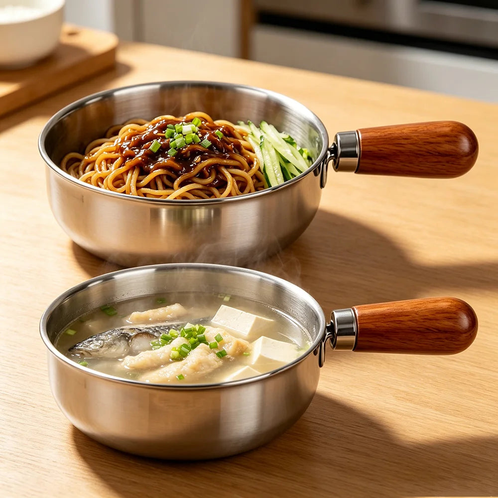 Stainless Steel Milk Pot - Heat-Resistant Wooden Handle, Non-Slip Base & Induction Compatible Design