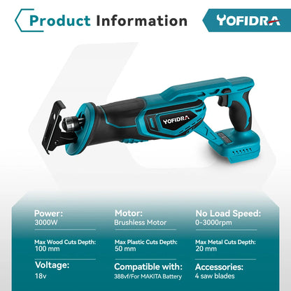 YOFIDRA 3000W Brushless Reciprocating Saw — 4-Blade Multifunction Metal, Wood & Pipe Cutter for 18V/21V Battery