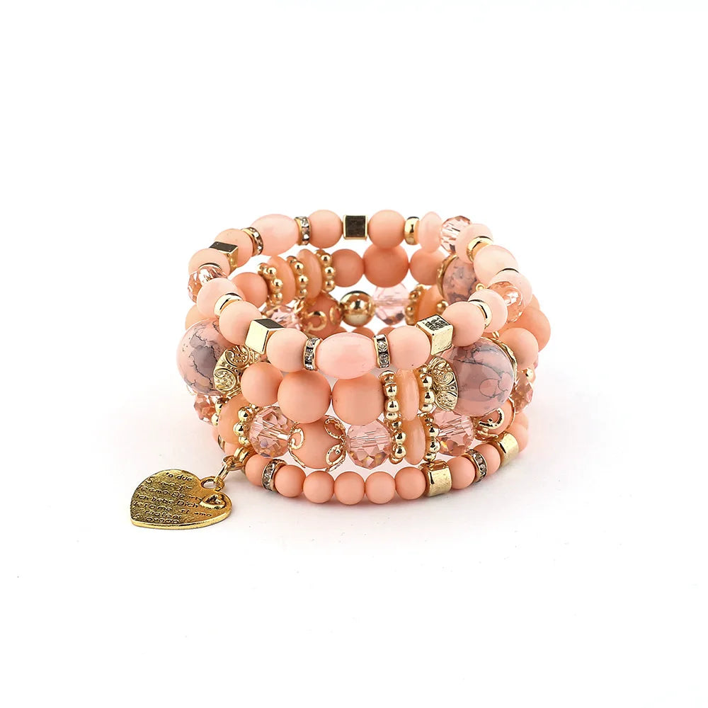 Bohemian Acrylic Beaded Bracelet Set – Solid Heart Charm Elastic Bangles for Women & Men, Retro Daily Wear Jewelry Gift