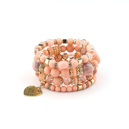 Bohemian Acrylic Beaded Bracelet Set – Solid Heart Charm Elastic Bangles for Women & Men, Retro Daily Wear Jewelry Gift
