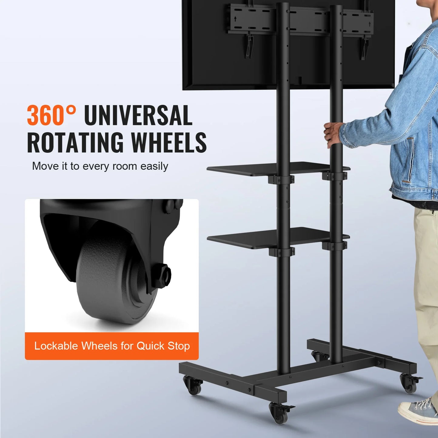 SucceBuy Height Adjustable Mobile TV Stand – Rolling Cart with Double Tray for Audio-Visual Devices