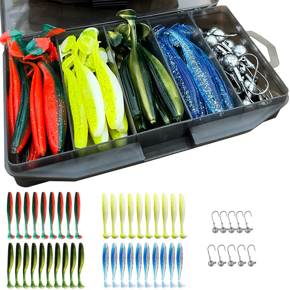 50PCS Metal Jig Fishing Lure Set – Soft & Sinking Swimbaits 3g–14g (5.5–10cm) Jigging Head Hooks in Tackle Box for Bass Fishing