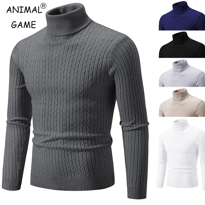 New Men's High Neck Sweater - Solid Color Knitted Pullover Turtleneck, Warm Casual Woolen Tops for Winter Outdoor Wear