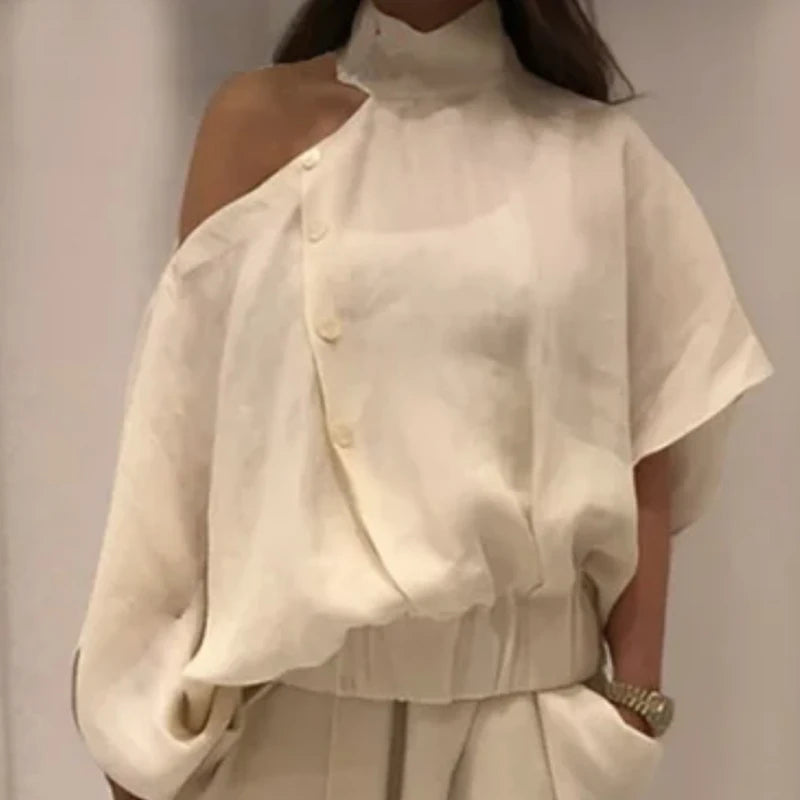 Women’s Fashion 2-Piece Set – Wide-Leg Buttoned Pants & Hollow Solid Color Loose Cold-Shoulder Blouse