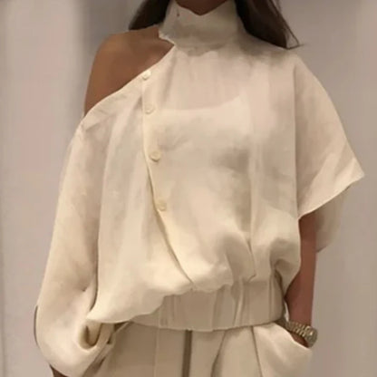 Women’s Fashion 2-Piece Set – Wide-Leg Buttoned Pants & Hollow Solid Color Loose Cold-Shoulder Blouse