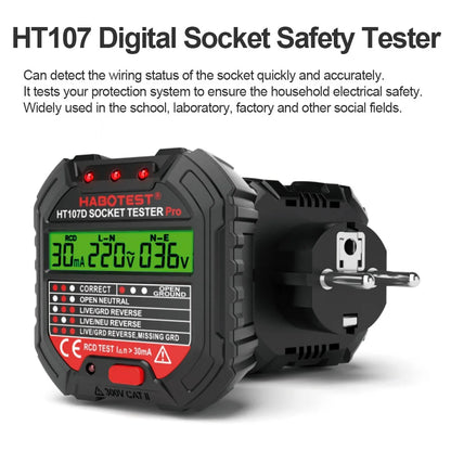 HABOTEST HT107 Pro Socket Tester - Voltage & Polarity Detector | EU Plug Ground, Zero Line, Phase Check