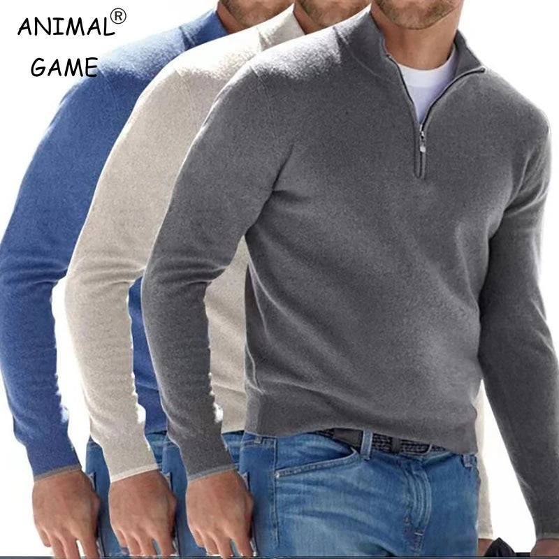 Men's Autumn Pullover Sweatshirt - Warm Solid Color Half-Zipper V-Neck Sweater, Slim Fit Long Sleeve Top