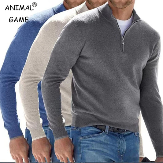 Men's Autumn Pullover Sweatshirt - Warm Solid Color Half-Zipper V-Neck Sweater, Slim Fit Long Sleeve Top