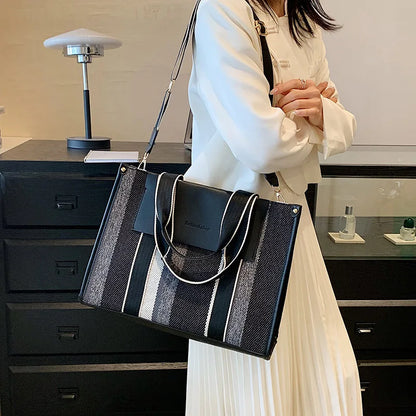 MOODS Quality Canvas Tote Bag for Women 2023 – Luxury Designer Handbag, Contrast Color Striped, Big Shoulder Crossbody Shopper Totes