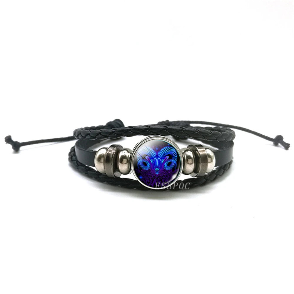 New Men's 12 Constellation Black Braided Leather Bracelet – Punk Style Zodiac Sign Multilayer Wrap Bracelet for Birthday Gifts