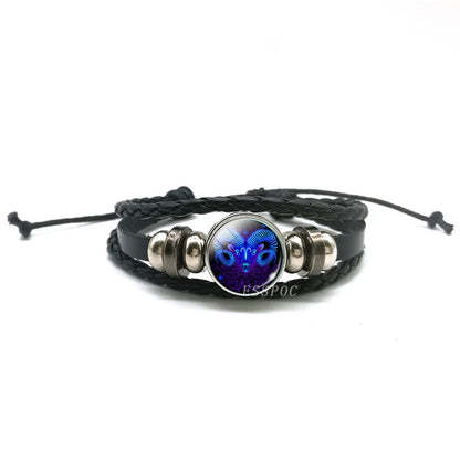 New Men's 12 Constellation Black Braided Leather Bracelet – Punk Style Zodiac Sign Multilayer Wrap Bracelet for Birthday Gifts