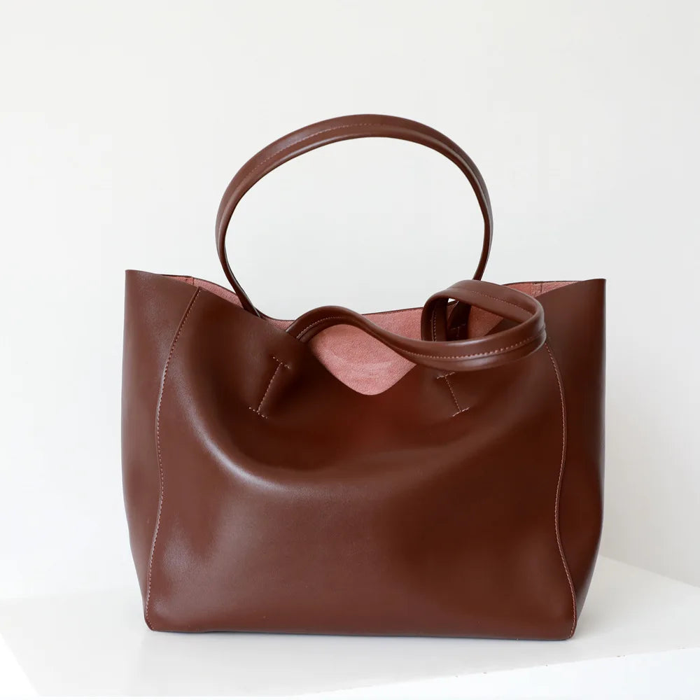 Customized Letter Genuine Leather Tote Bag – Large Capacity, Practical Commuter & Shopping Bag, Cowhide Large Bag