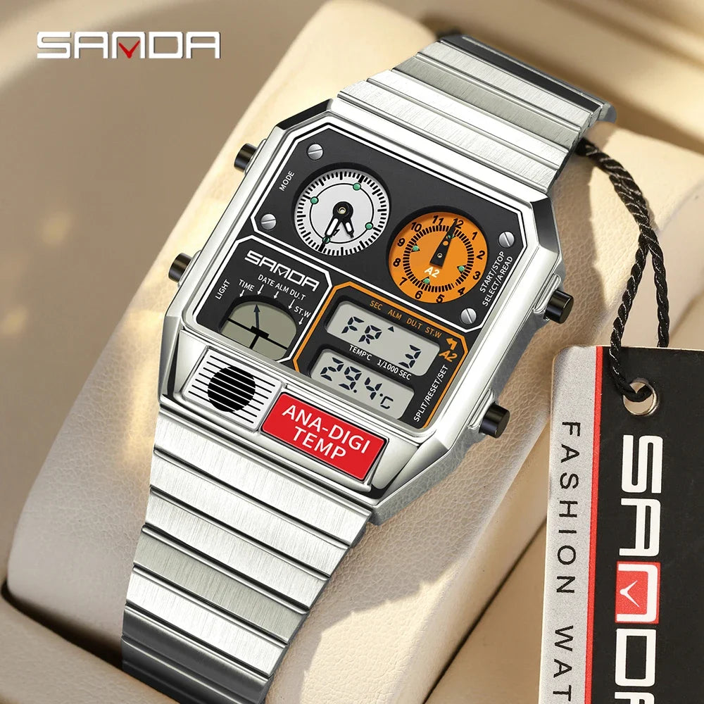 SANDA 3192 LED Electronic Men's Watch – Square Casual Multi-Function Thermometer Stopwatch Chronograph