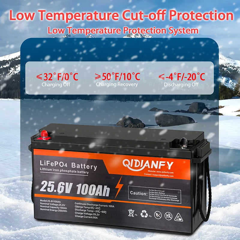 Qidianfy 25.6V 100Ah/200Ah LiFePO4 Battery - 100A Built-In BMS Deep Cycle Power for RV, Solar, Marine & Off-Grid Backup