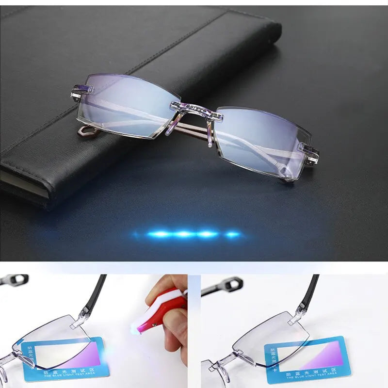 2 Pairs Rimless Reading Glasses - Anti-Blue Light, Bifocal Magnification Eyewear for Men & Women, Presbyopic Glasses +150, +200