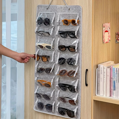 16 Slot Eyeglass Organizer - Felt Wall Mounted Sunglasses Holder with Dustproof Pocket Storage Display Bag