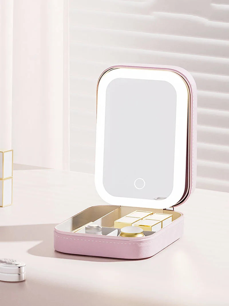 LED Makeup Bag with Mirror – Portable Cosmetic Storage for Women, Small Lipstick & Brush Organizer with Wireless Light