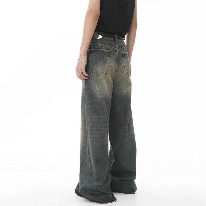 IEFB Men’s Summer Denim Jeans – Washed Blue Straight Loose Wide-Leg Casual Pants