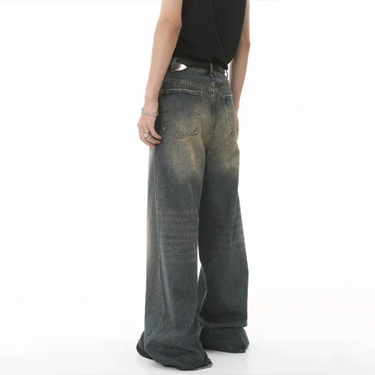 IEFB Men’s Summer Denim Jeans – Washed Blue Straight Loose Wide-Leg Casual Pants