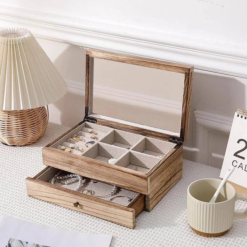 Vintage Solid Wood Jewelry Box – Two-Layer Necklace & Earring Display with Mirror