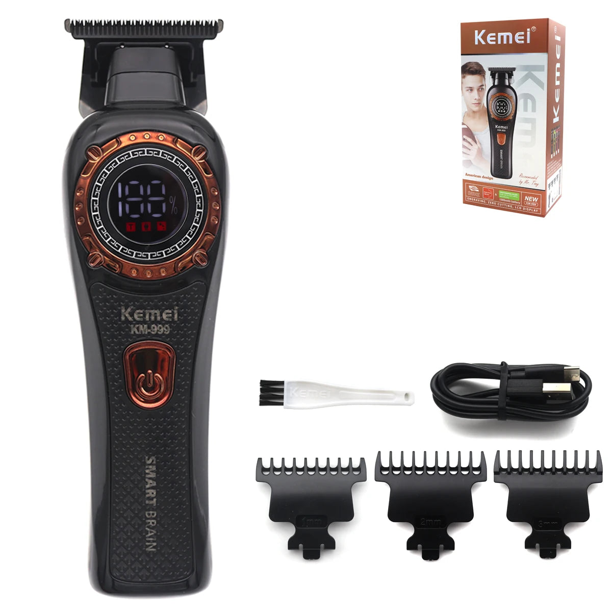 Kemei KM-999 Hair Trimmer for Men – DLC T-Blade, Zero Gapped, LED Display, Cordless USB Professional Hair Clipper