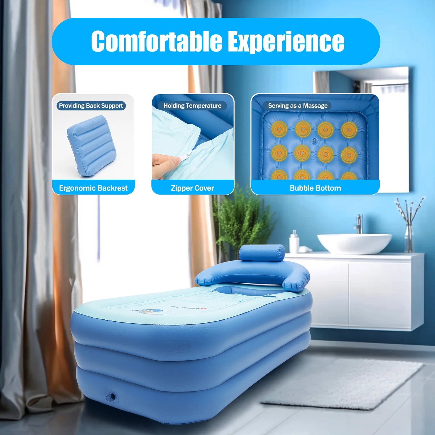 Foldable Inflatable Bathtub for Adults: Travel Blue/Pink Spa Tub, 1.6m - Large Portable PVC Tub for Home & Swimming Pool Use