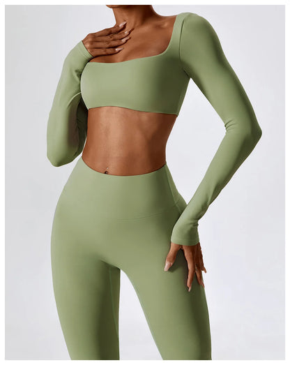 2PCS Seamless Women’s Yoga Set – Long Sleeve Crop Top & Leggings Workout Outfit, Athletic Gym Sportswear