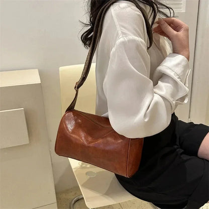 Vintage PU Leather Boston Handbag – Small Women’s Crossbody Purse for Casual Travel & Fashion