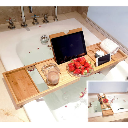 Bamboo Bathtub Caddy Tray – Spa Organizer with Book, Wine & Tablet Holder, Non-Slip & Extendable Sides