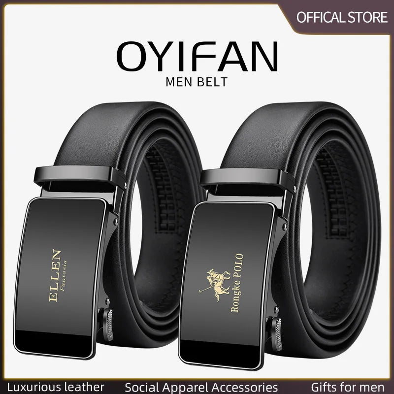 OYIFAN Men’s Genuine Leather Belt – Designer Alloy Buckle Automatic Ratchet Belt