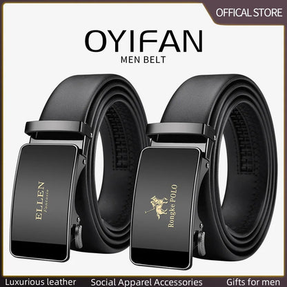 OYIFAN Men’s Genuine Leather Belt – Designer Alloy Buckle Automatic Ratchet Belt
