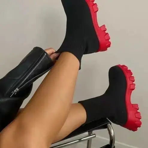 Women’s Plus Size Knitted Ankle Boots - Thick Sole Casual Sock-Style Fashion Boots