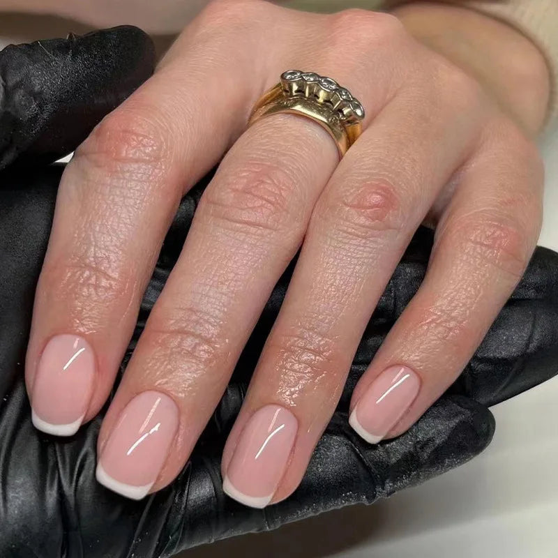 24Pcs Square Press On Nails - Nude White Gradient French False Nail Tips with Full Cover Short Design