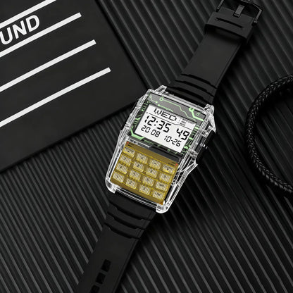 Transparent Plastic Calculator Watch - Men’s Multifunction Luminous LED Digital Computer-Style Wristwatch