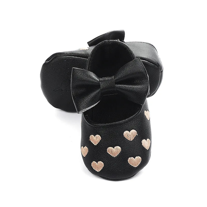 Baby Girls Shoes - Classic Dress Style with Cute Bow-Knot Heart, Anti-Slip Soft Sole First Walkers for Infants 0-18m