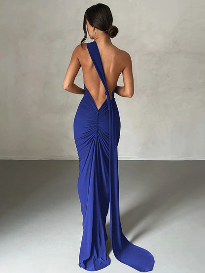 Hugcitar One Shoulder Backless Maxi Dress for Women – Adjustable Scarf Ruched Sexy Elegant Y2K Festival & Streetwear Party Outfit