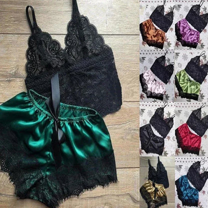 Women's Lace Babydoll Sleepwear Set - V-Neck Sleeveless Lingerie Top & Shorts