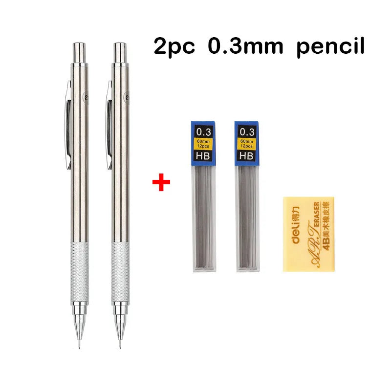 Full Metal Mechanical Pencil Set - 0.3–2.0mm Automatic Drawing Pencils with Leads for Art, School, and Office Use