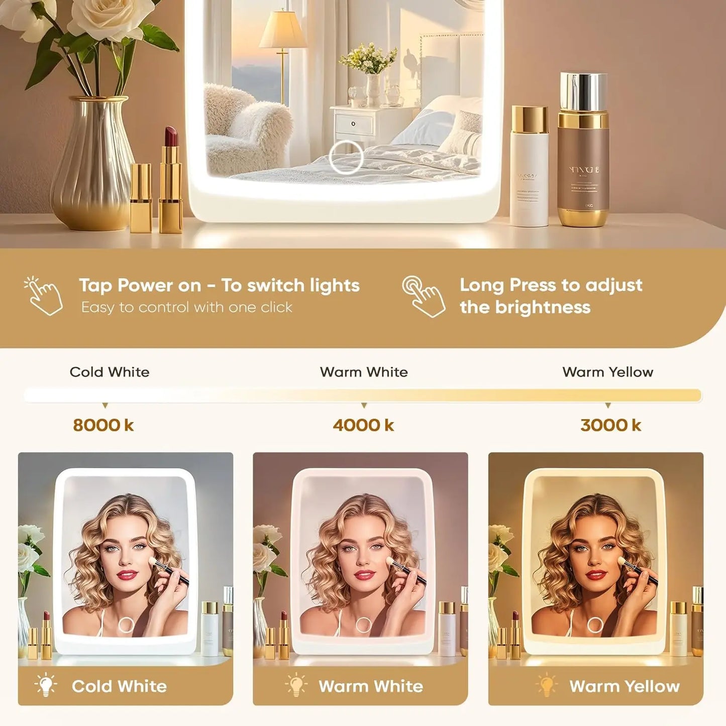 LED Compact Rechargeable Makeup Mirror – Dimmable Touchscreen with 3-Color Lighting, Lighted Travel & Tabletop Cosmetic Mirror
