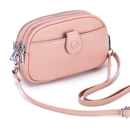 Real Leather Women’s Shoulder Bag - Mini Crossbody Purse with Three Zipper Pockets