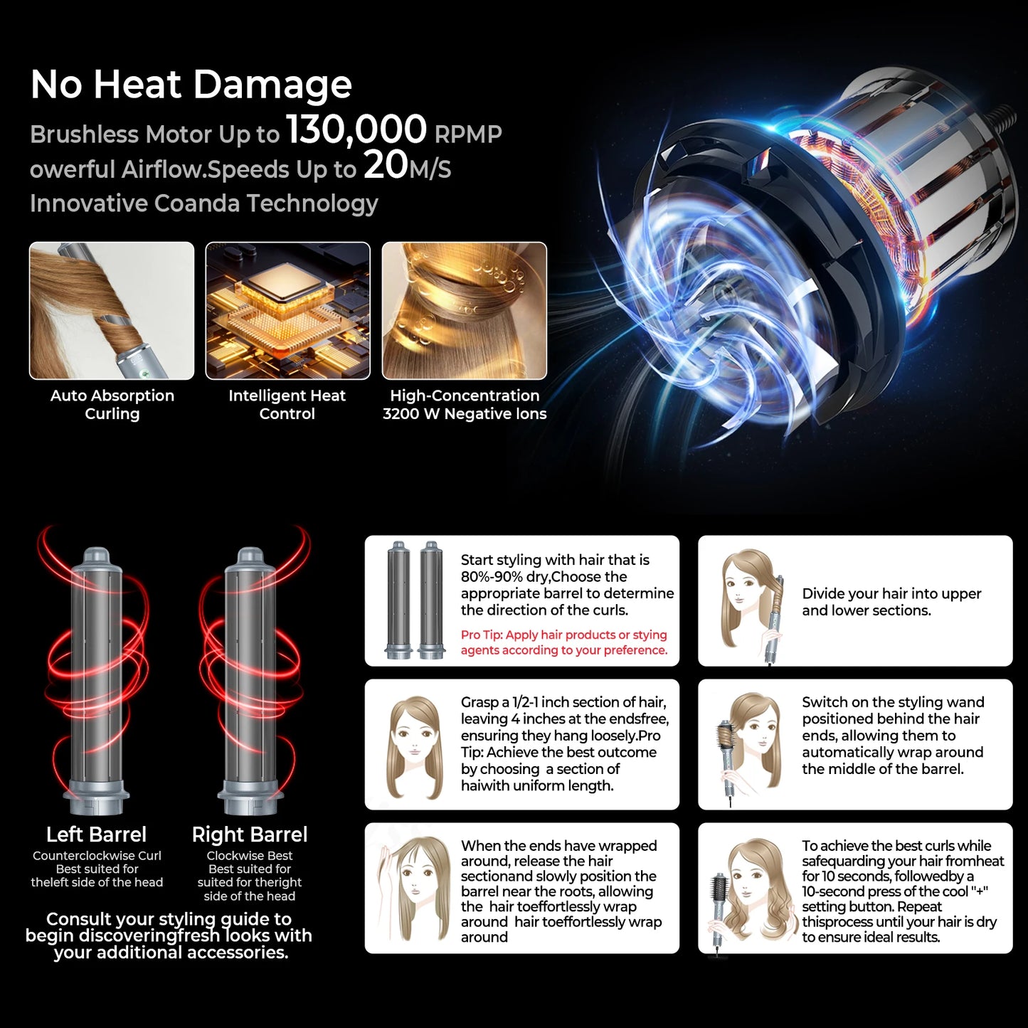 5-in-1 High-Speed Brushless Hair Dryer Brush – Negative Ionic Hot Air Styling Comb & Auto Hair Curler