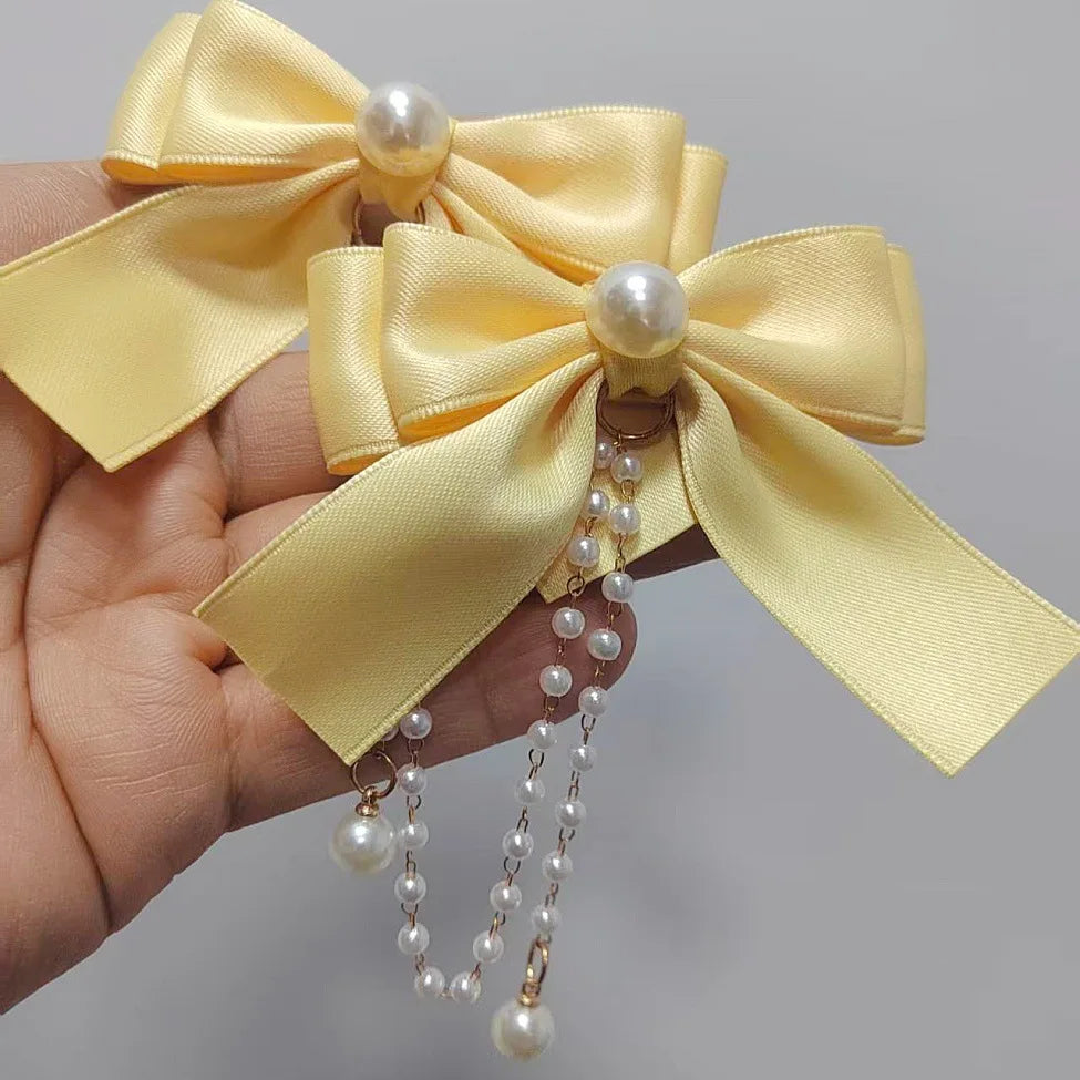 Sweet Princess Pink Pearl Bow Hair Clip – Cute Chain Hairpin for Women & Girls Back Head Fashion Hair Accessories