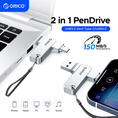 ORICO 128GB Dual USB-C & USB-A Flash Drive – 2-in-1 USB 3.2 Type-C Portable Thumb Drive Storage
