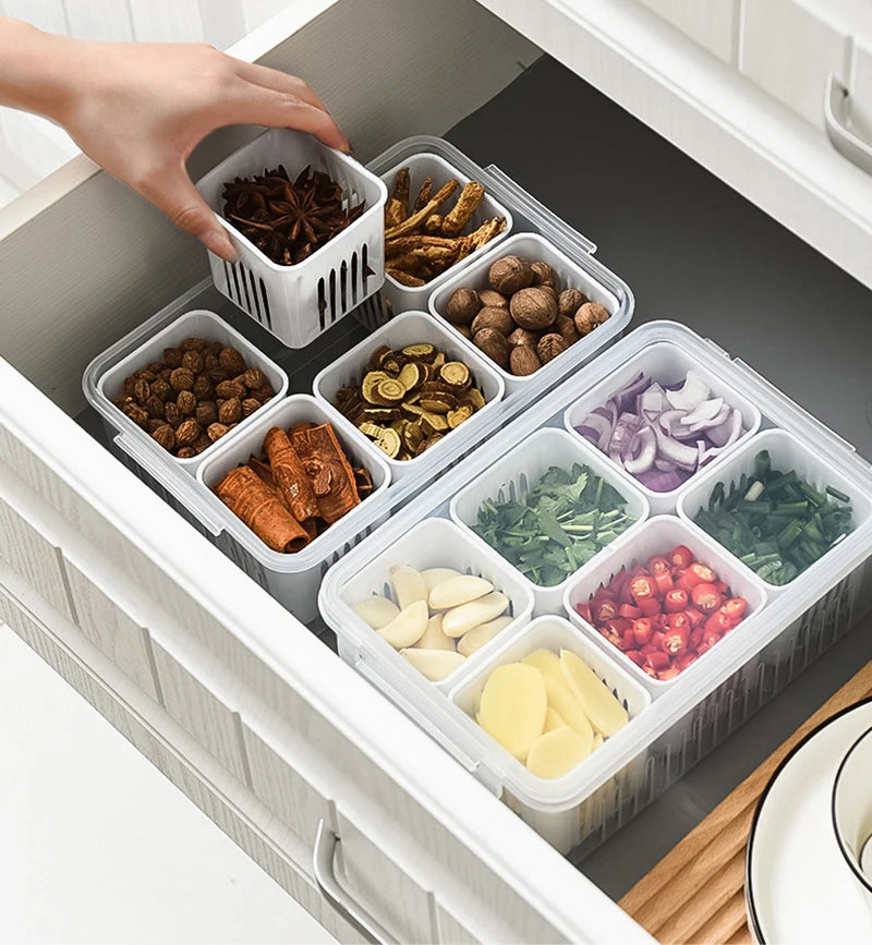 Refrigerator Storage Box – 4/6 Grid Clear Crisper for Fruits, Vegetables & Meat
