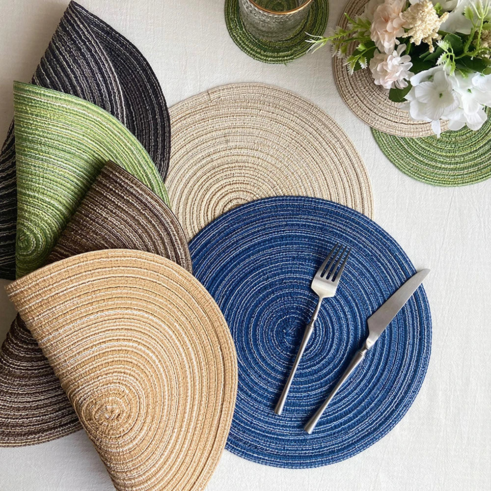 4pcs Round Woven Ramie Table Mats – Non-Slip Placemats for Dining, Bowls, Cups, and Kitchen Use